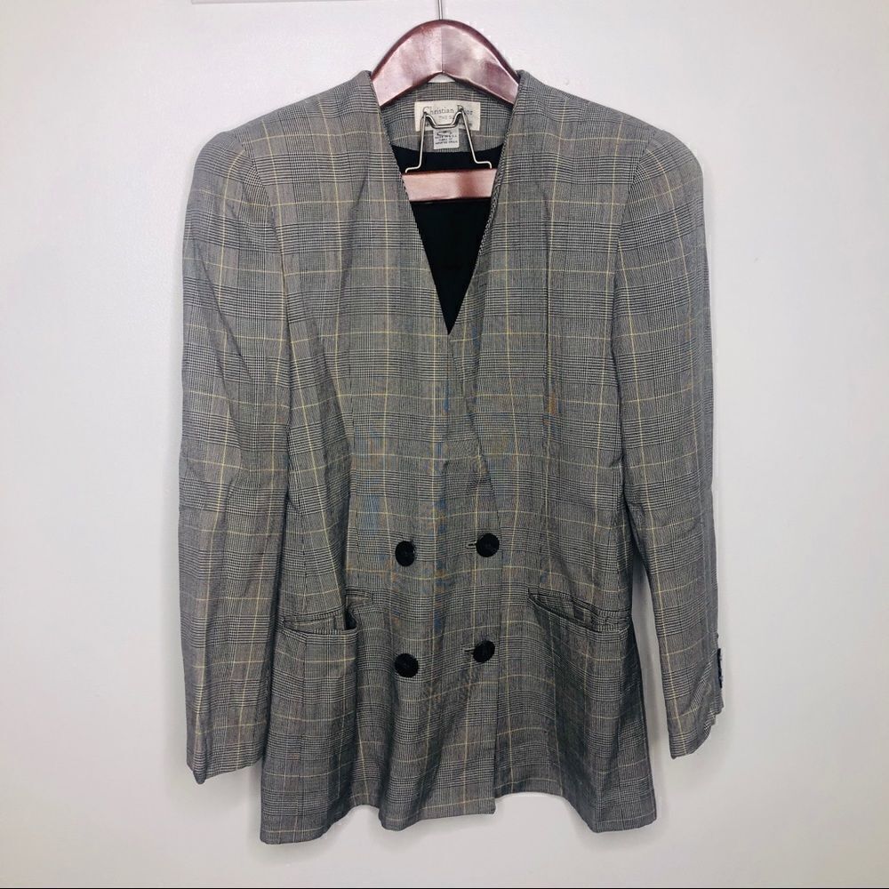 Christian Dior Vintage Plaid Check Button Blazer 8 Retro Double Structured Black - Picture 2 of 7